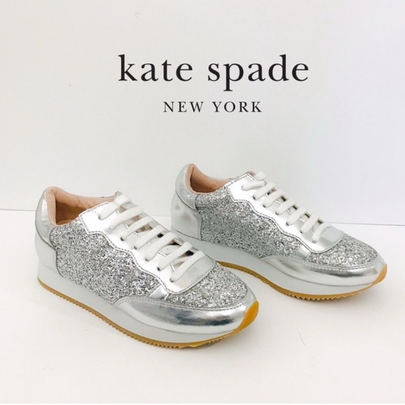 Kate Spade Felicia Glitter Sneakers Womens 5 Silver Leather - Picture 2 of 16